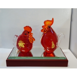  y15690  琉璃水晶玻璃 - 玻璃飾品系列 -金箔對雞(紅)